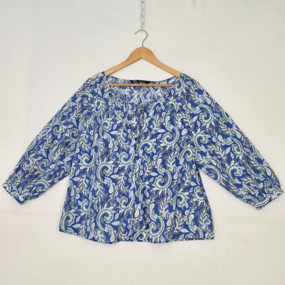 Zara Womens M Blue Green White Paisley Peasant Boho Button Up 3/4 Sleeve Blouse